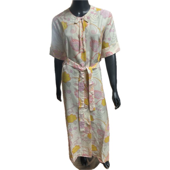 Flo Weinberg Vintage 1960’s Pink Yellow Floral Belted Maxi HouseDress. - Picture 1 of 9